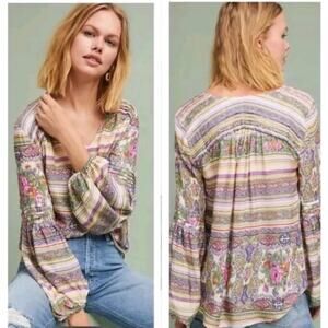 NWT Anthropologie Maeve Ceresco Peasant Boho Floral Blouse Top V-Neck Large 2413